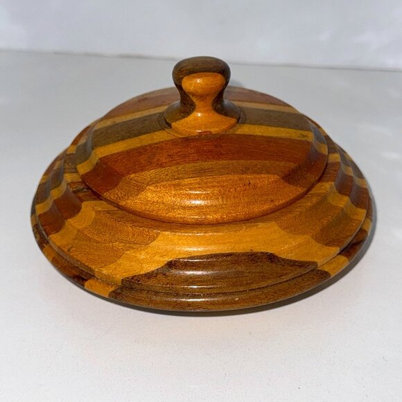 VTG Round Hand Turned Wooden Bowl Trinket Box Lid Multicoloured Jamaica *read* - Picture 1 of 8
